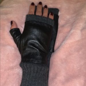 DKNY Black Leather and Wool Fingerless Gloves